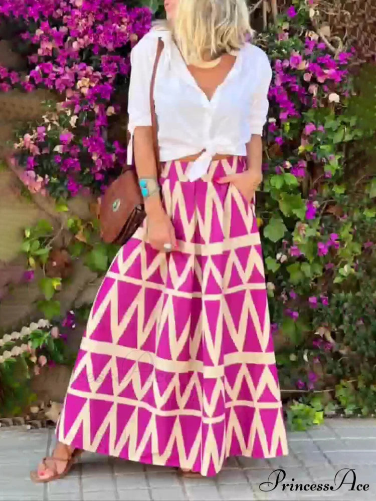 Triangle Printed Back Waist Graceful Elasticated Pocket Maxi Skirt Rose Red / S