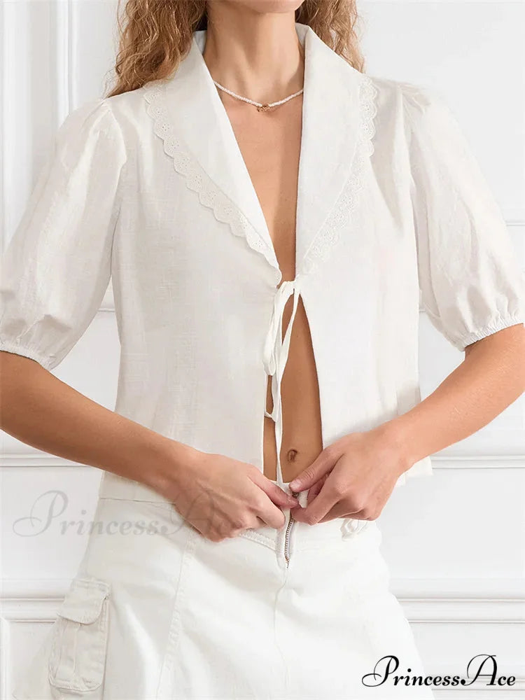 Trim Front Bind-Up V-neck Blouse blouse-250223