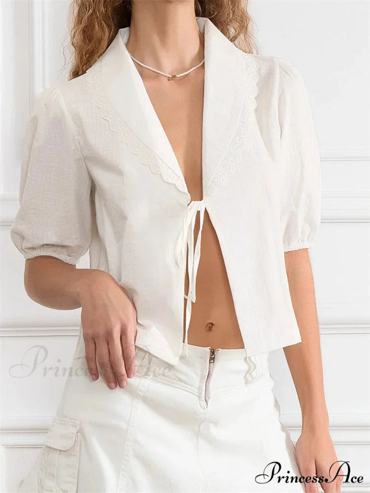 Trim Front Bind-Up V-neck Blouse blouse-250223
