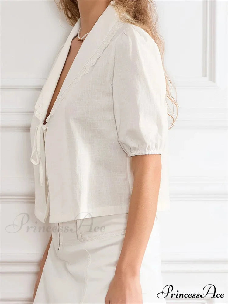 Trim Front Bind-Up V-neck Blouse blouse-250223