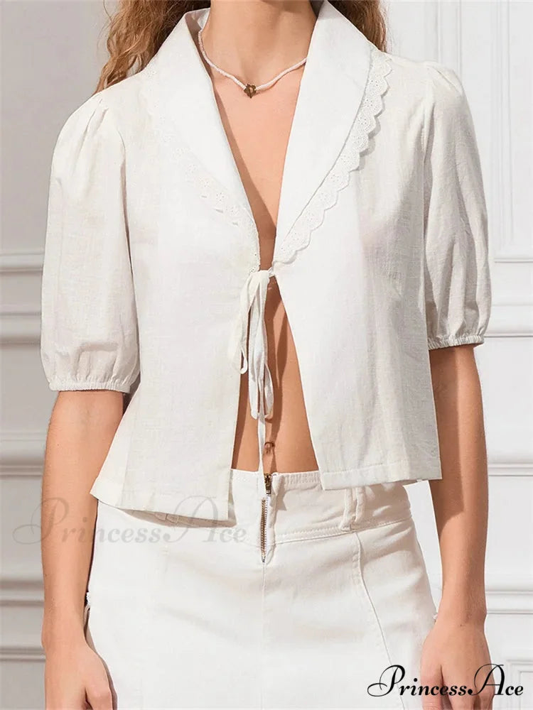 Trim Front Bind-Up V-neck Blouse white / S blouse-250223