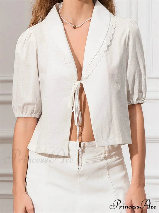 Trim Front Bind-Up V-neck Blouse white / S blouse-250223