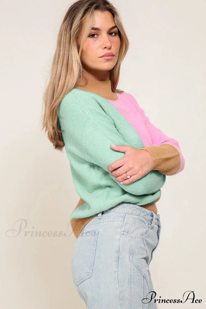 Trim Ribbed Mock Neck Colorblock Sweater