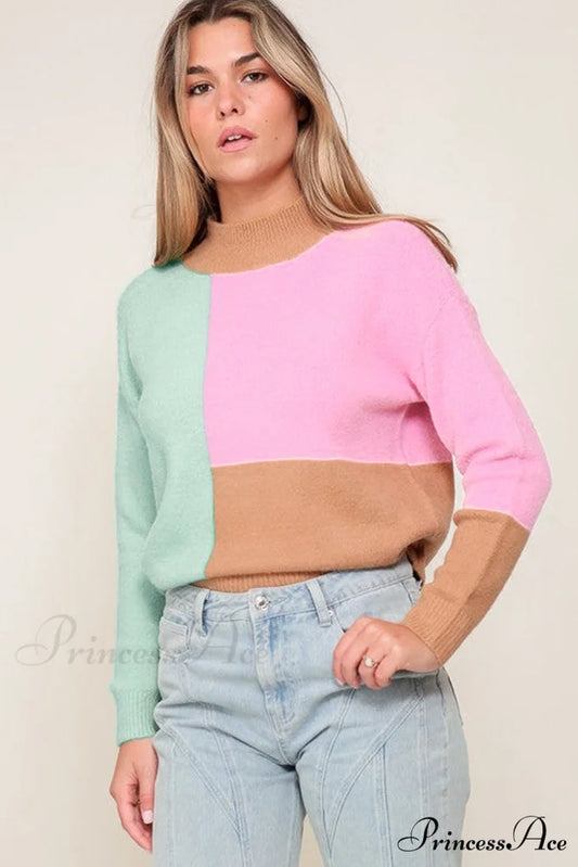 Trim Ribbed Mock Neck Colorblock Sweater