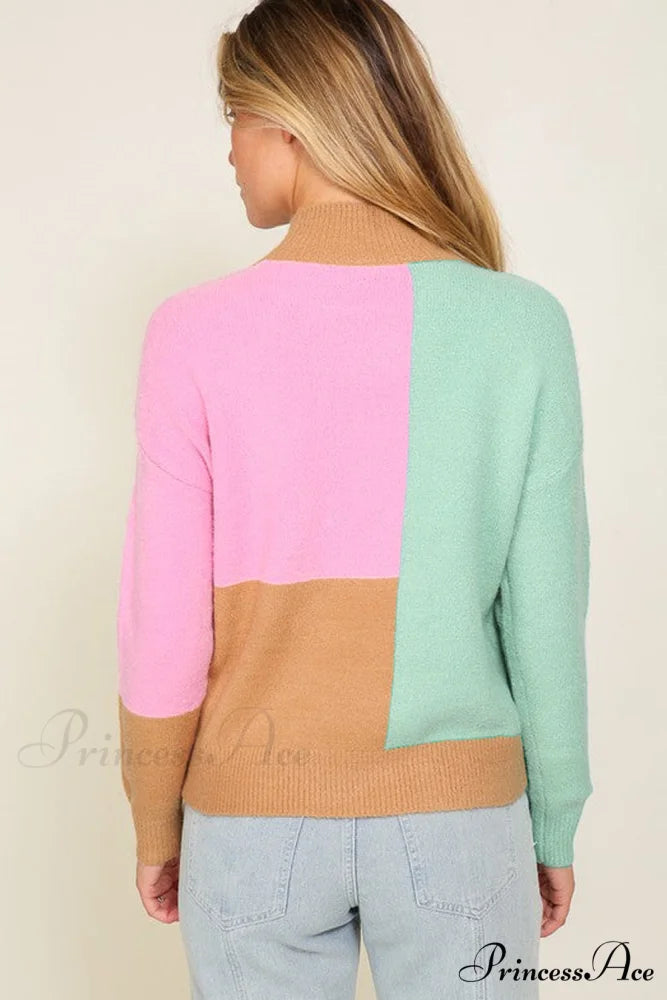 Trim Ribbed Mock Neck Colorblock Sweater