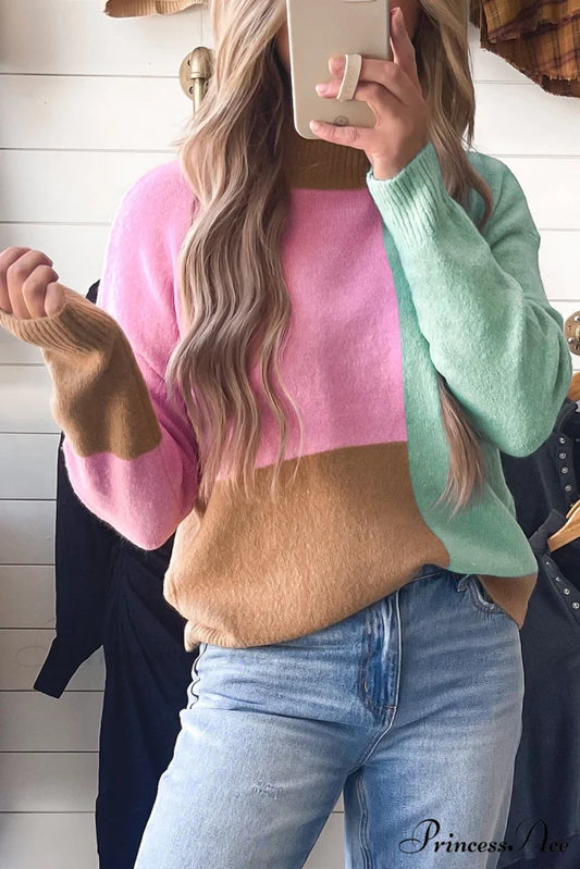 Trim Ribbed Mock Neck Colorblock Sweater Multicolour / S / 30% Polyester + 25% Viscose + 25% Acrylic + 20% Polyamide