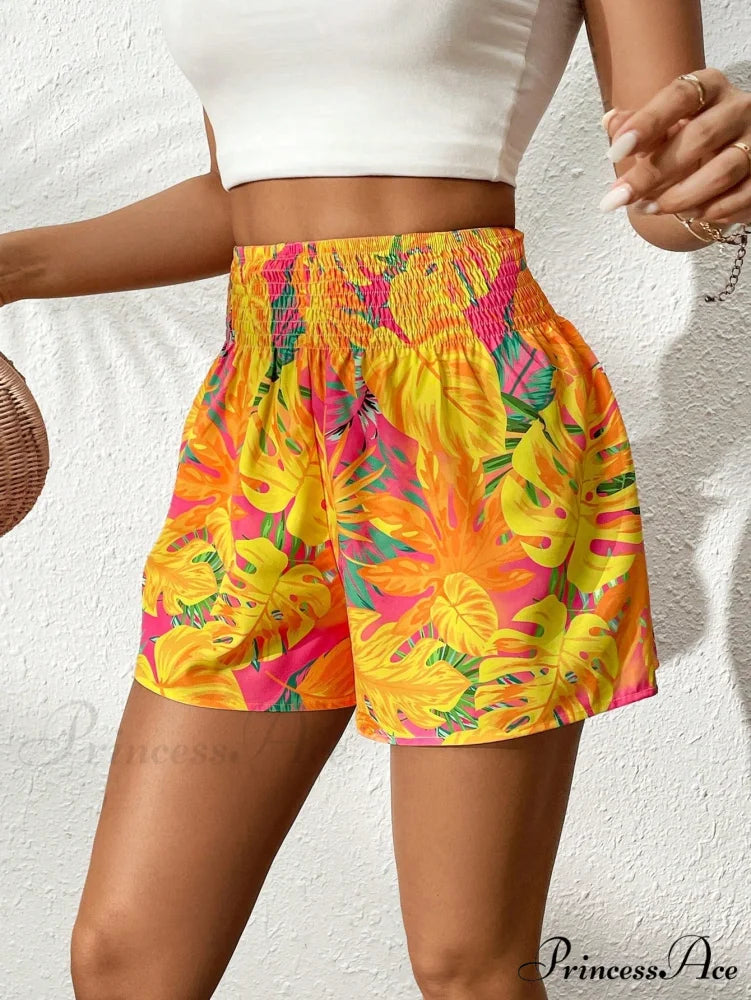 Tropical Print Shirred Waist Shorts