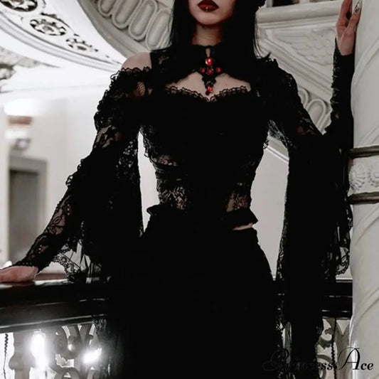 Trumpet Sleeve Black Lace Sexy Gothic Shawl Halloween Cardigan Black / S