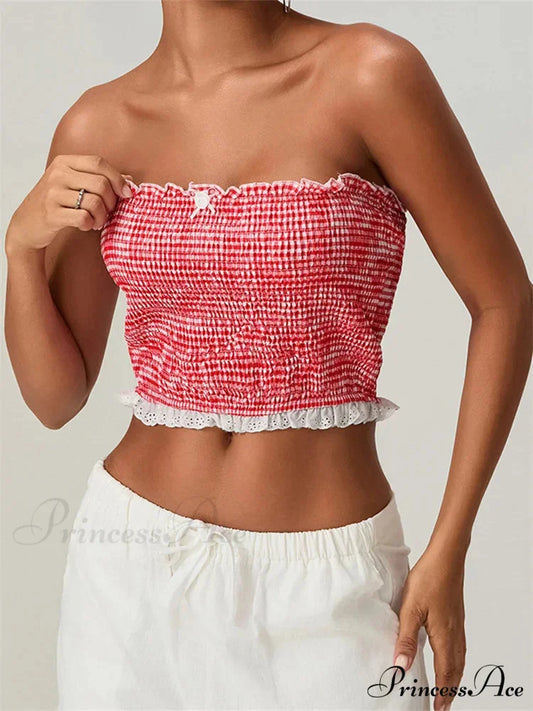 Tube Arch Lace Trim Gathered Plaid Crop Top croptop-250126