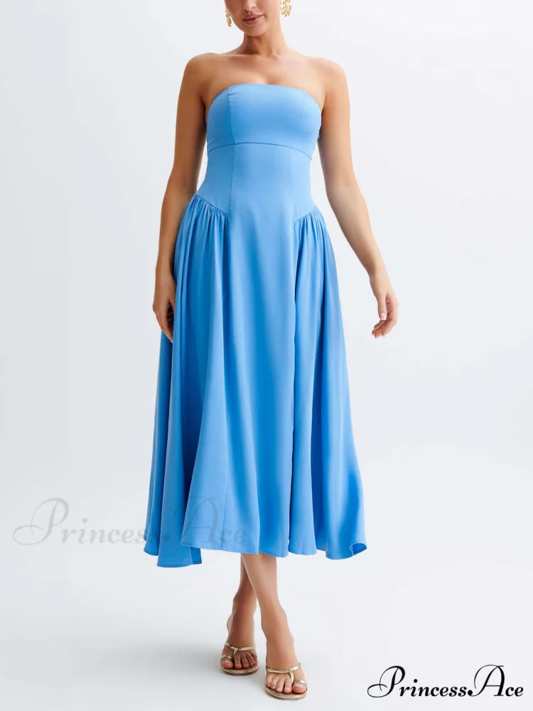 Tube Top Stylish Pleated Midi Dress Blue / S