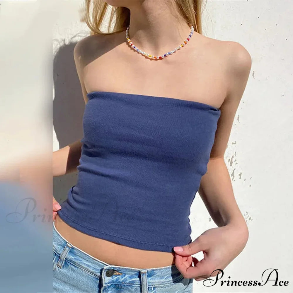 Tubes Women 2024 Skinny Summer Off Shoulder Blue Y2k 90s Sexi Crop Streetwear Tank top Blue / S