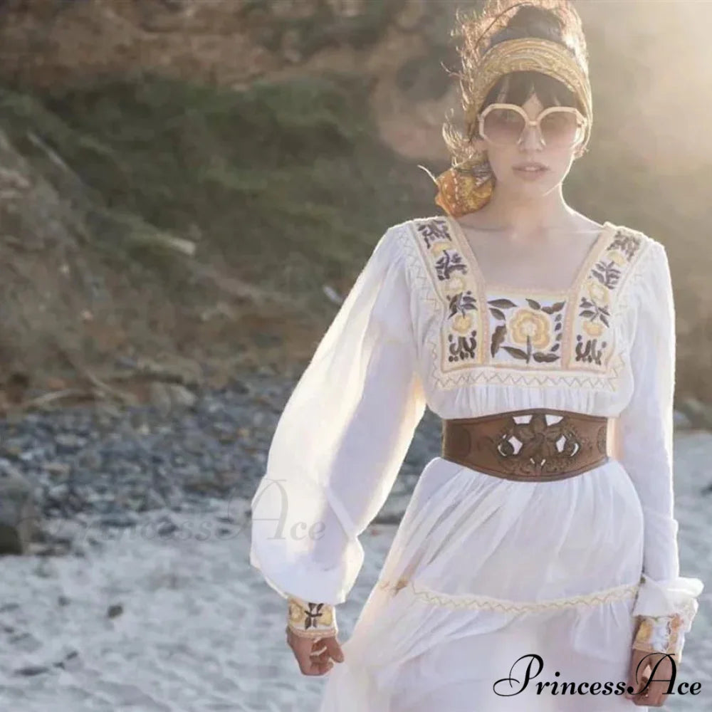 Tunic Garment Cotton Rayon Floral Needlework Beige / One Size bohodress-250126