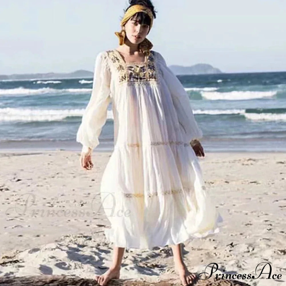 Tunic Garment Cotton Rayon Floral Needlework Beige / One Size bohodress-250126