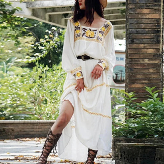 Tunic Garment Cotton Rayon Floral Needlework Beige / One Size bohodress-250126