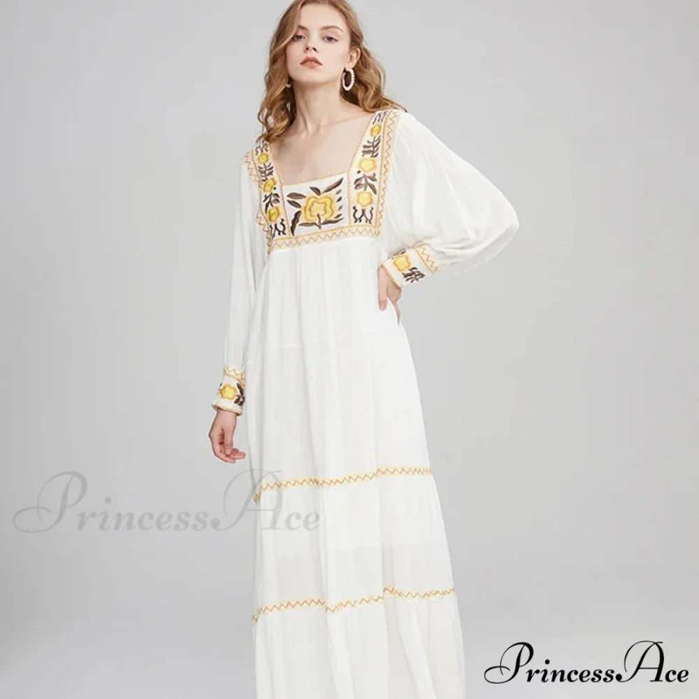 Tunic Garment Cotton Rayon Floral Needlework Beige / One Size bohodress-250126