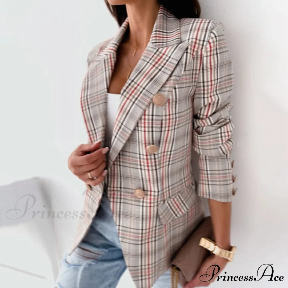 Turn-Down Collar Casual Simple Long Sleeve Blazer Red-Plaid / S