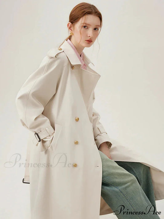 Turn-down Collar Double Breasted Office Lady Long Light Khaki Spring New Elegant Chic Coat Beige / S