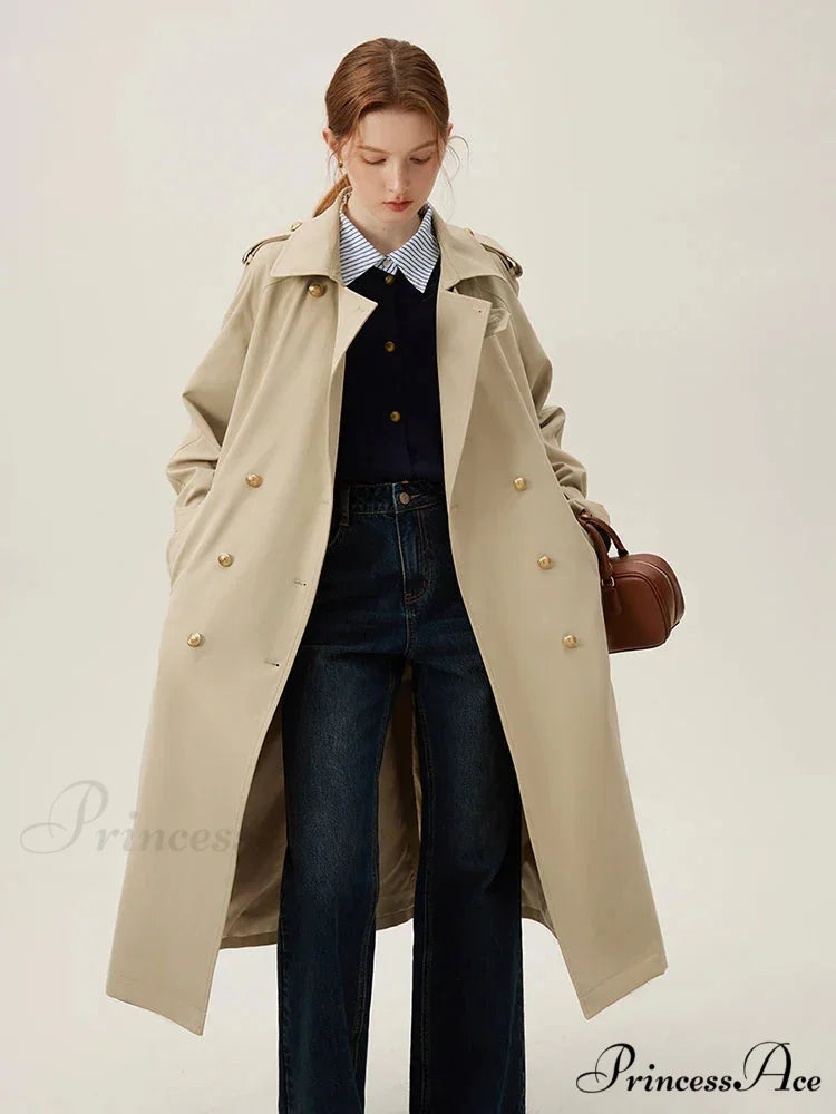Turn-down Collar Double Breasted Office Lady Long Light Khaki Spring New Elegant Chic Coat Light khaki / S