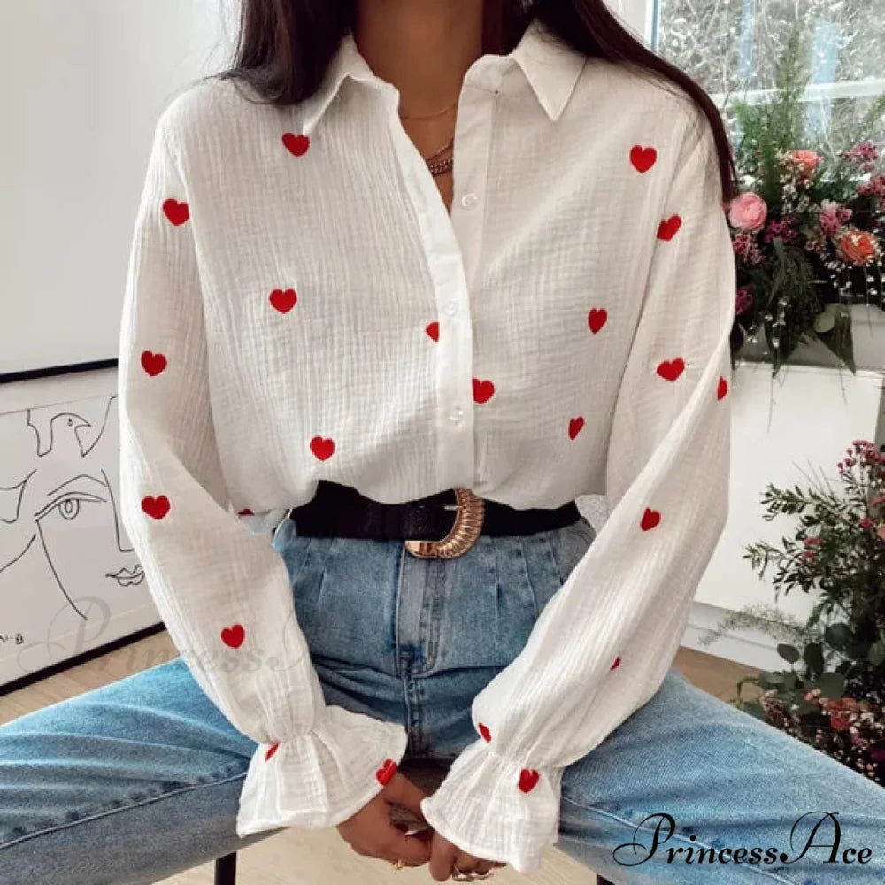 Turn Down Collar Heart Print Blouses white / S
