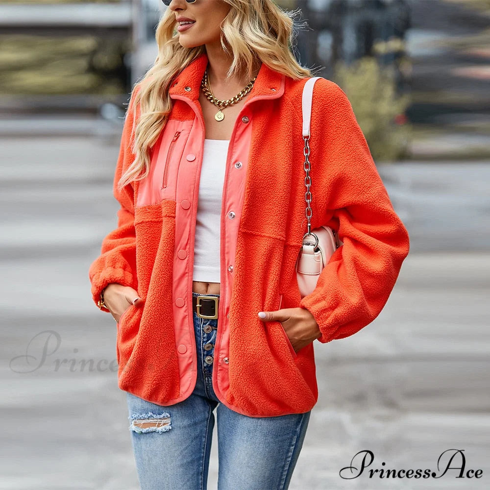 Turn Down Collar Patchwork Jacket Red / S