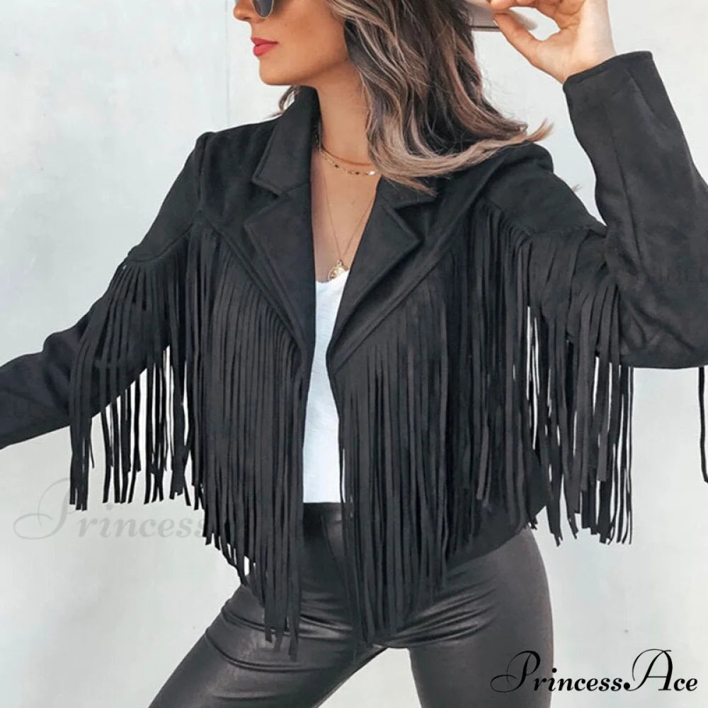 Turn Down Collar Tassel Coat Black / S