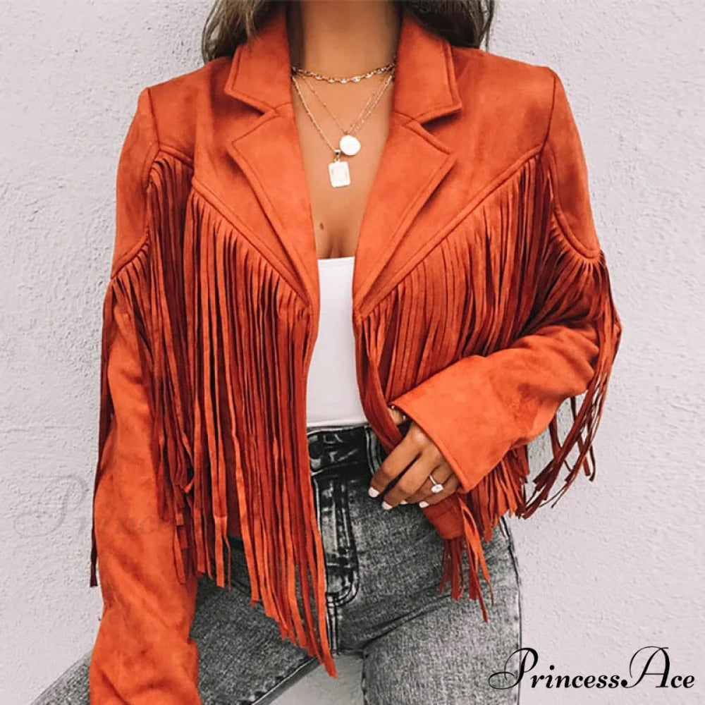 Turn Down Collar Tassel Coat Orange Red / S