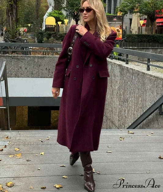 Turn-Down Collar Woolen Long Coat wine red / XS
