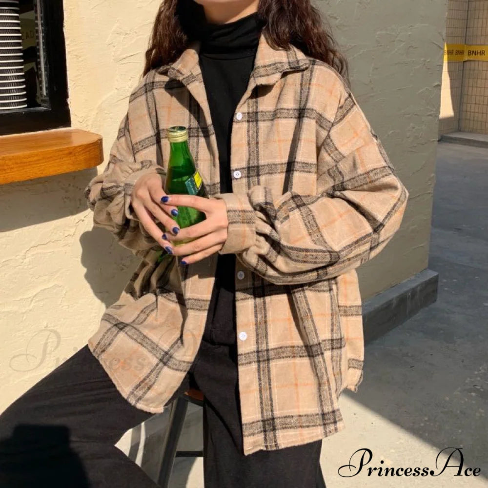 Turn-down Style Spring - Women’s Plaid Outwear Loose 4 Neckline Blouse Harajuku with Fit Batwing-sleeve - Colors