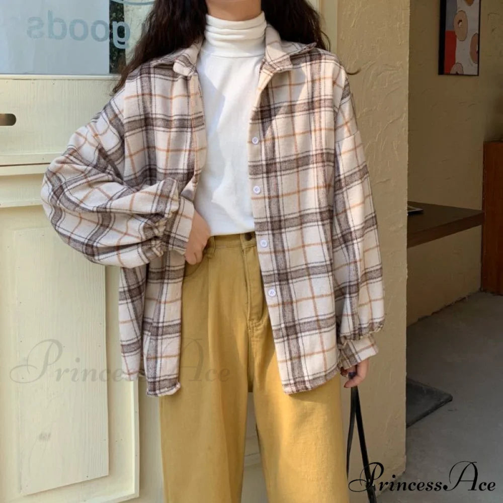 Turn-down Style Spring - Women’s Plaid Outwear Loose 4 Neckline Blouse Harajuku with Fit Batwing-sleeve - Colors