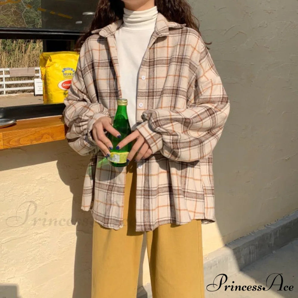 Turn-down Style Spring - Women’s Plaid Outwear Loose 4 Neckline Blouse Harajuku with Fit Batwing-sleeve - Colors
