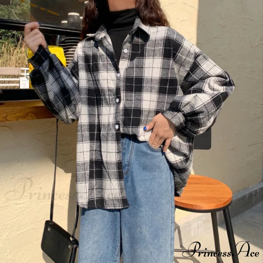 Turn-down Style Spring - Women’s Plaid Outwear Loose 4 Neckline Blouse Harajuku with Fit Batwing-sleeve - Colors