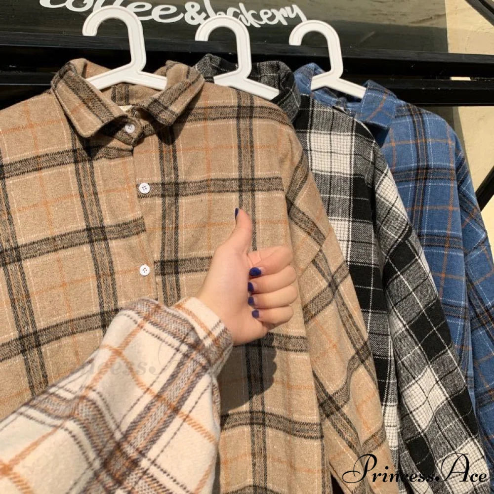 Turn-down Style Spring - Women’s Plaid Outwear Loose 4 Neckline Blouse Harajuku with Fit Batwing-sleeve - Colors