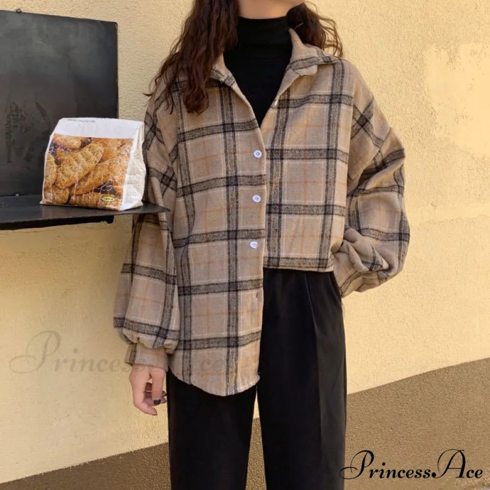 Turn-down Style Spring - Women’s Plaid Outwear Loose 4 Neckline Blouse Harajuku with Fit Batwing-sleeve - Colors