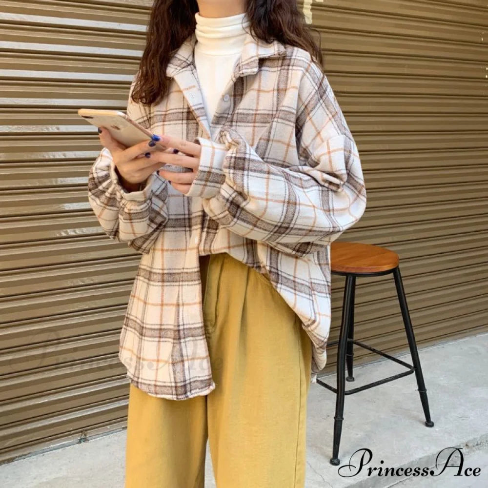 Turn-down Style Spring - Women’s Plaid Outwear Loose 4 Neckline Blouse Harajuku with Fit Batwing-sleeve - Colors