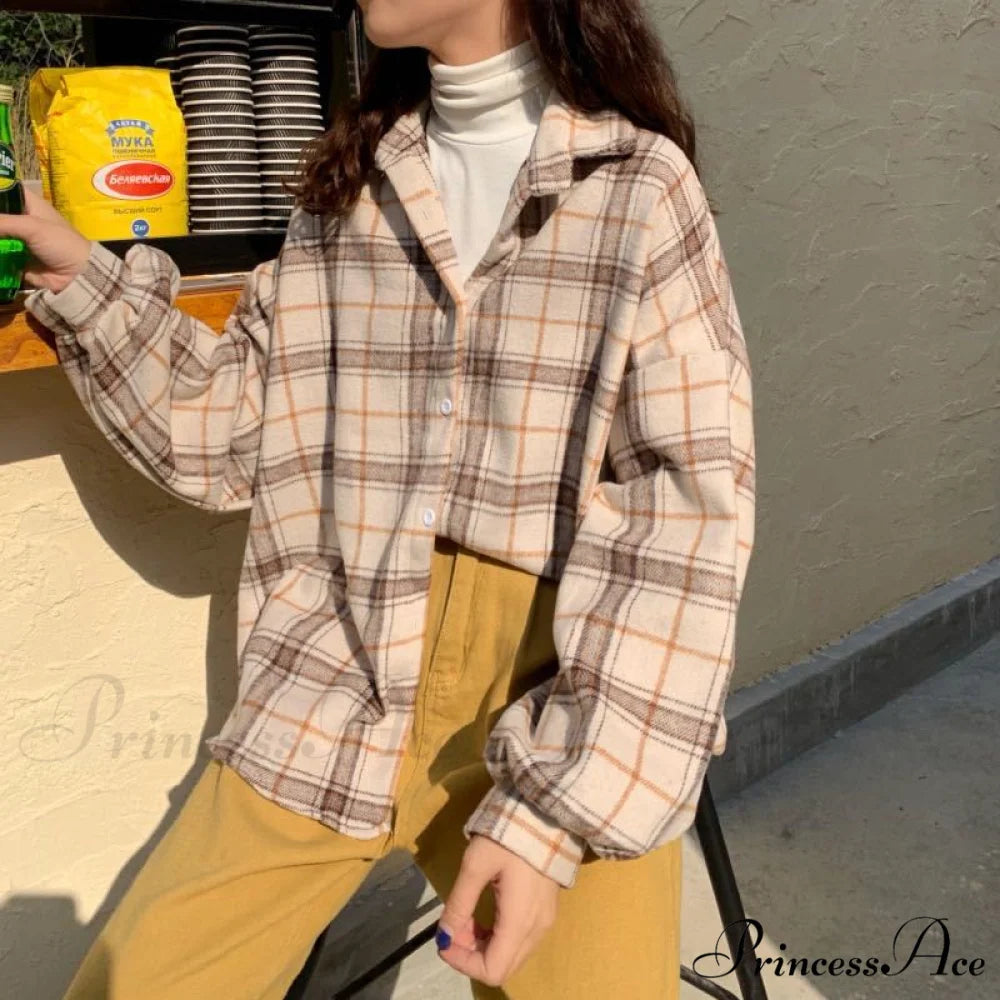 Turn-down Style Spring - Women’s Plaid Outwear Loose 4 Neckline Blouse Harajuku with Fit Batwing-sleeve - Colors