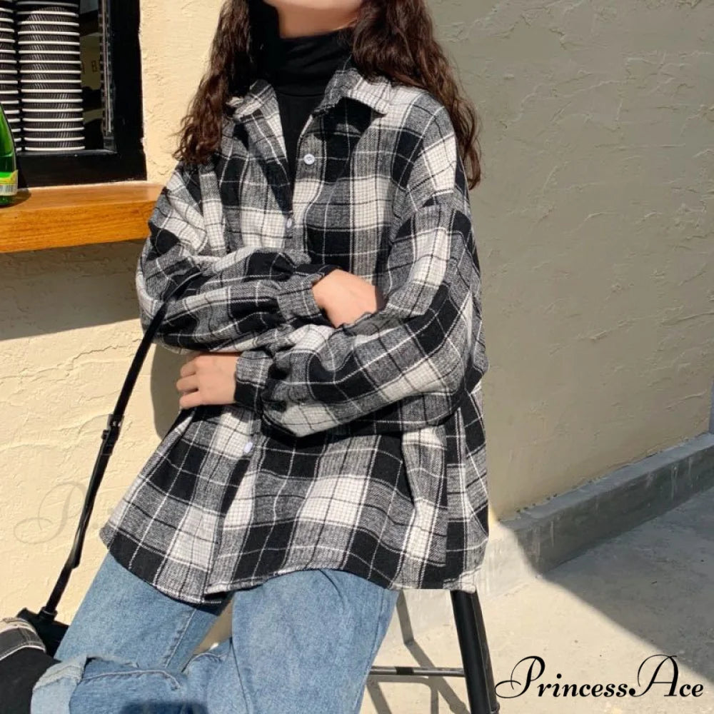 Turn-down Style Spring - Women’s Plaid Outwear Loose 4 Neckline Blouse Harajuku with Fit Batwing-sleeve - Colors