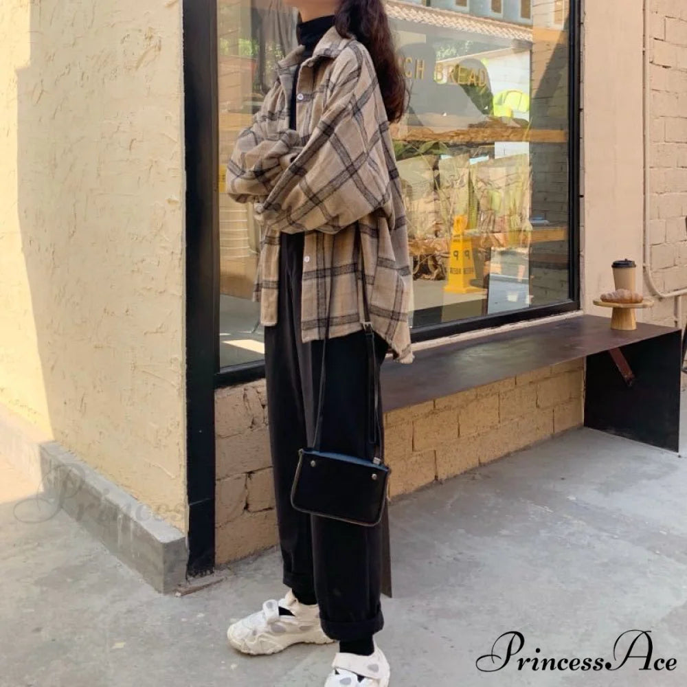 Turn-down Style Spring - Women’s Plaid Outwear Loose 4 Neckline Blouse Harajuku with Fit Batwing-sleeve - Colors