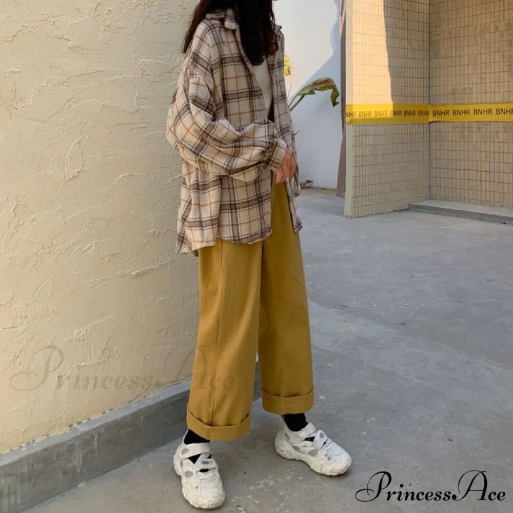 Turn-down Style Spring - Women’s Plaid Outwear Loose 4 Neckline Blouse Harajuku with Fit Batwing-sleeve - Colors