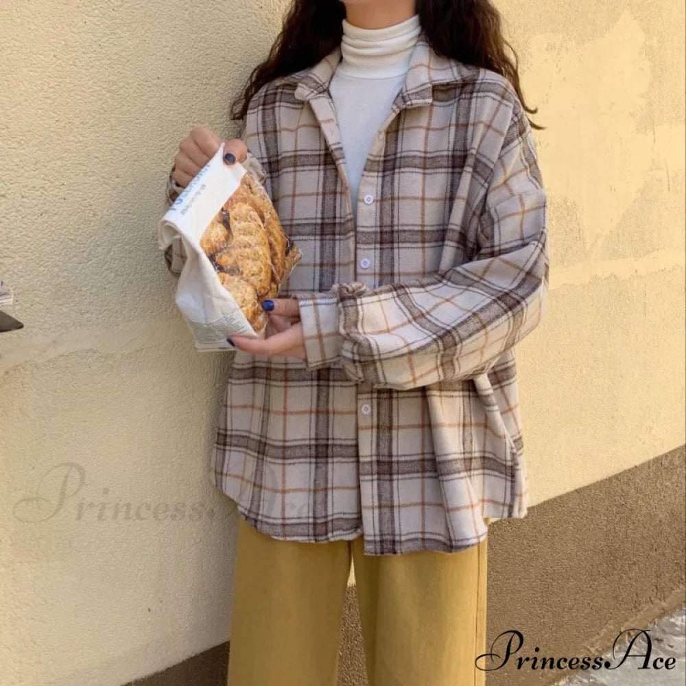 Turn-down Style Spring - Women’s Plaid Outwear Loose 4 Neckline Blouse Harajuku with Fit Batwing-sleeve - Colors