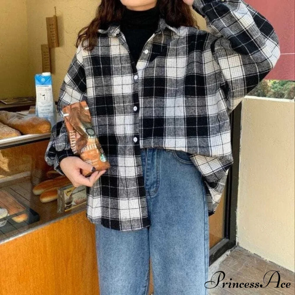 Turn-down Style Spring - Women’s Plaid Outwear Loose 4 Neckline Blouse Harajuku with Fit Batwing-sleeve - Colors XL