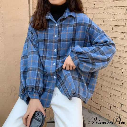 Turn-down Style Spring - Women’s Plaid Outwear Loose 4 Neckline Blouse Harajuku with Fit Batwing-sleeve - Colors XL