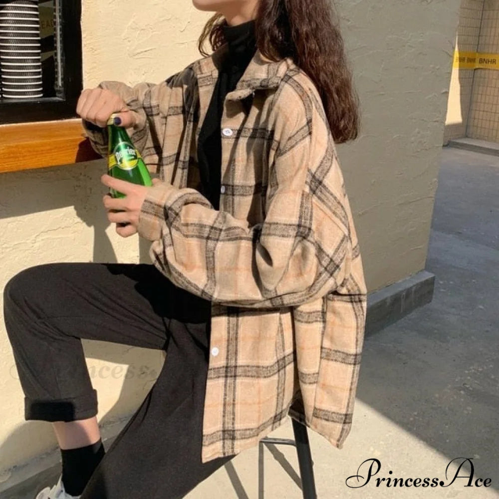 Turn-down Style Spring - Women’s Plaid Outwear Loose 4 Neckline Blouse Harajuku with Fit Batwing-sleeve - Colors XL