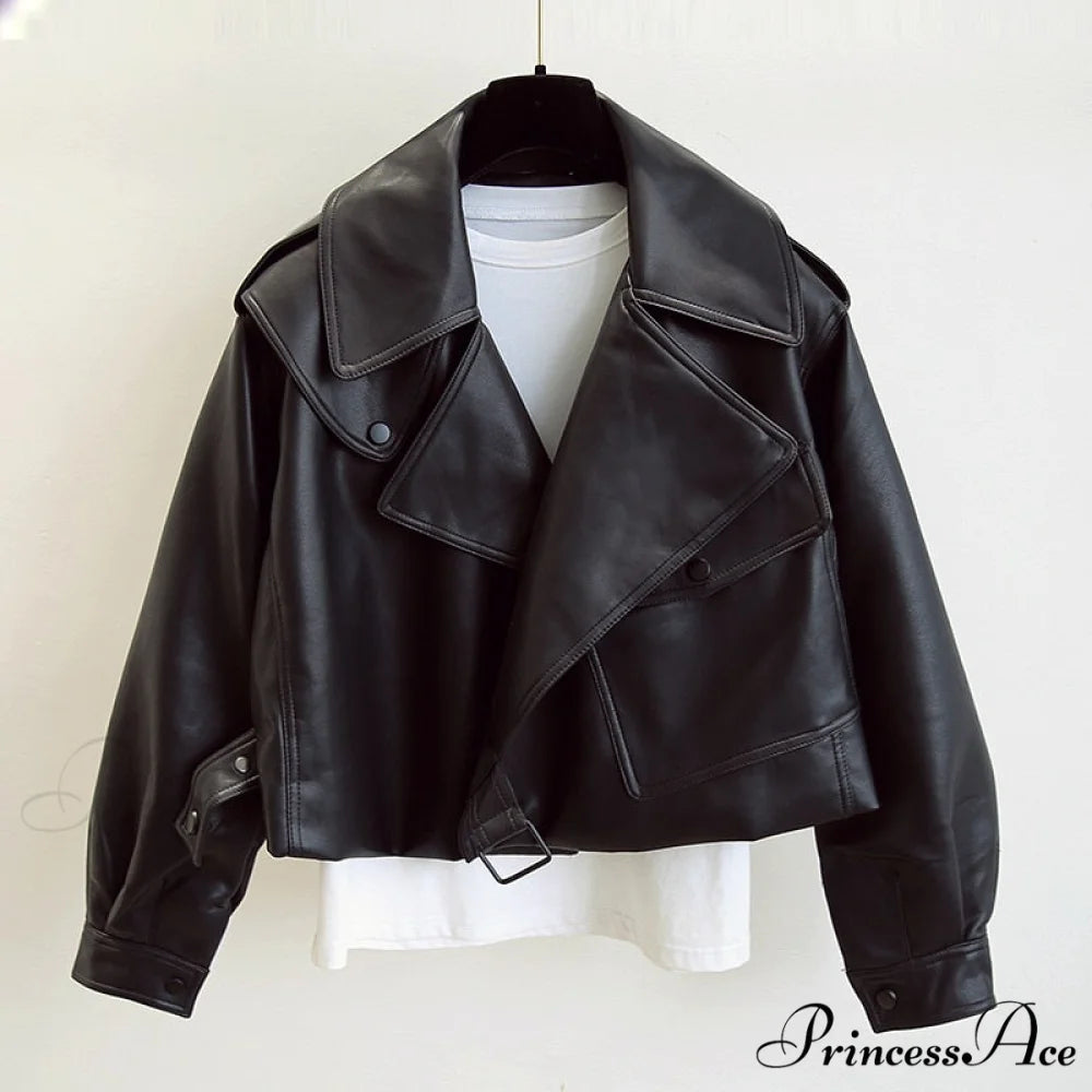 Turndown Collar PU Motorcycle Loose Streetwear Coat