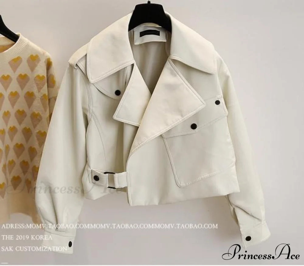 Turndown Collar PU Motorcycle Loose Streetwear Coat Beige / S
