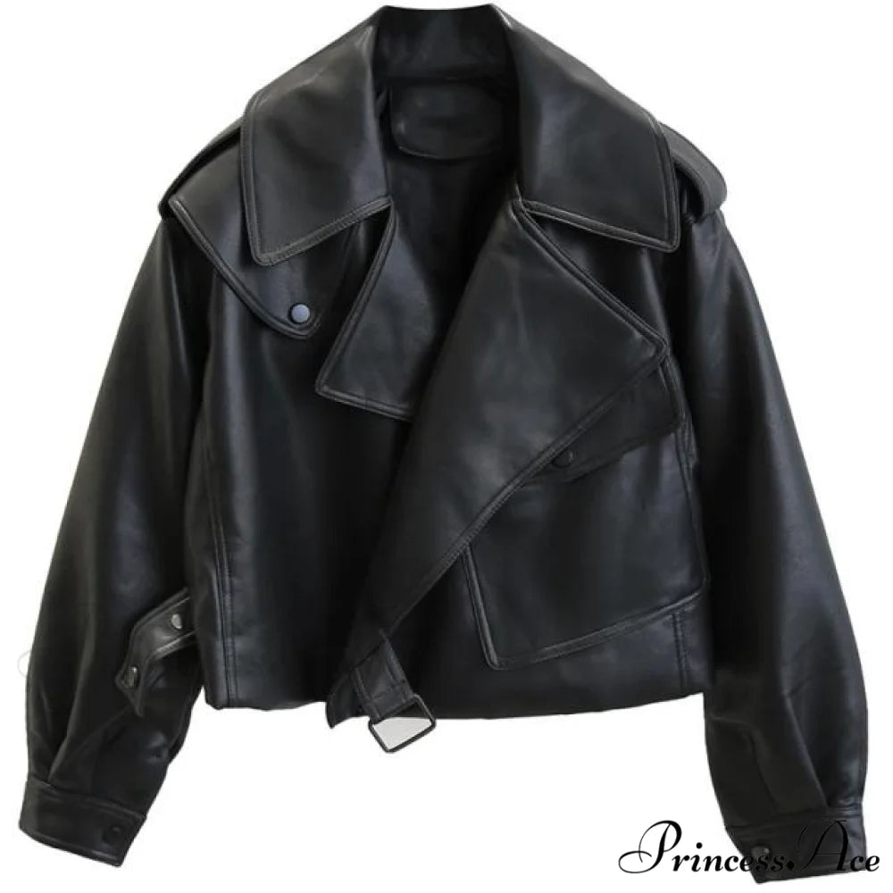 Turndown Collar PU Motorcycle Loose Streetwear Coat black / S