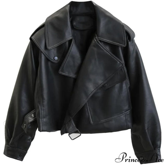 Turndown Collar PU Motorcycle Loose Streetwear Coat black / S