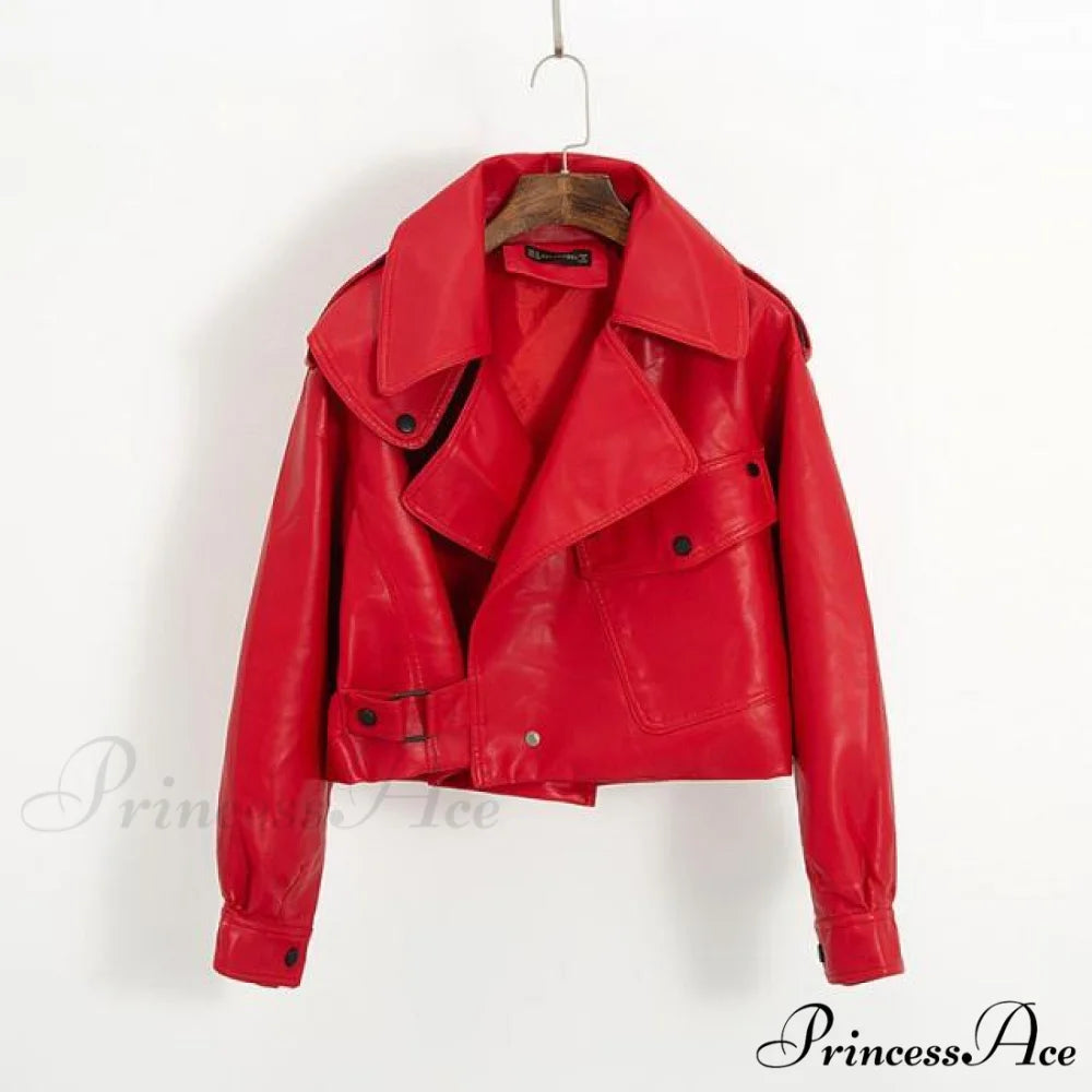 Turndown Collar PU Motorcycle Loose Streetwear Coat Red / S