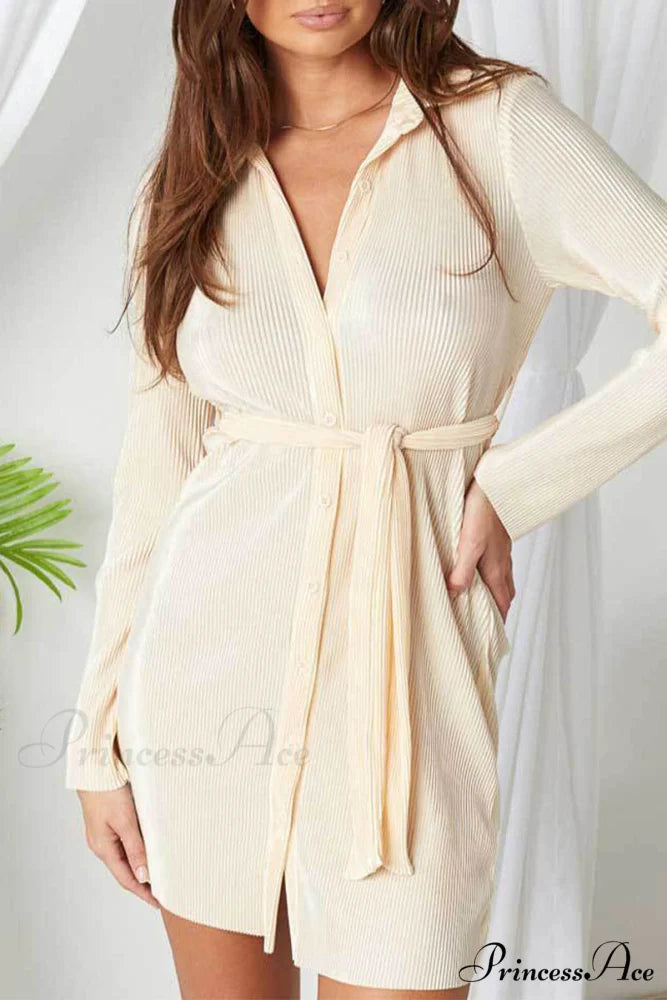 Turndown Neckline Blouse Buttons Solid Dress Apricot / S