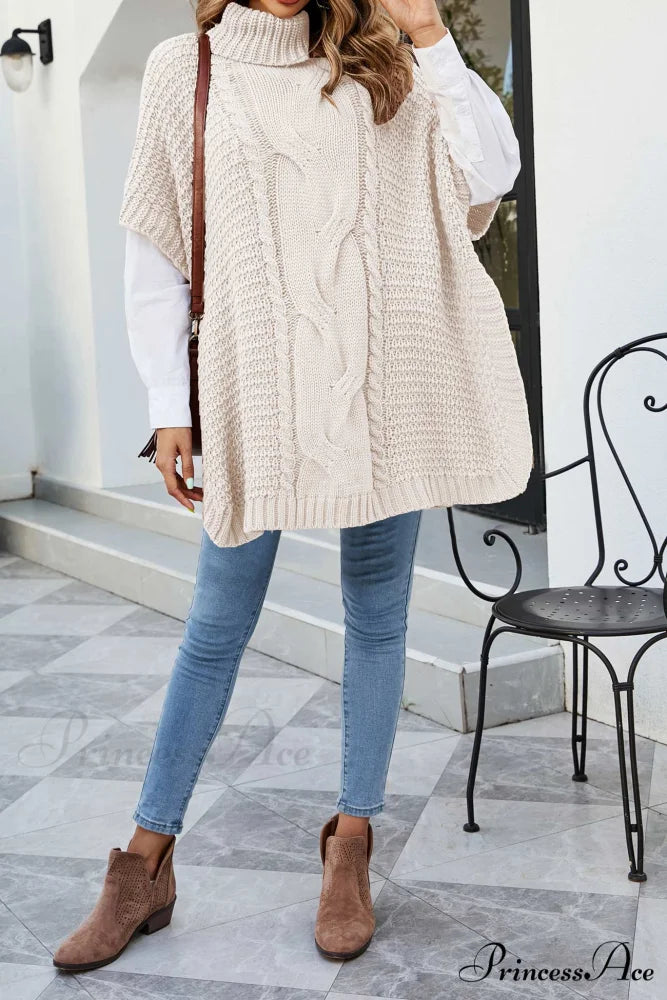 Turtleneck Cable Knit Shawl Sweater Beige / M