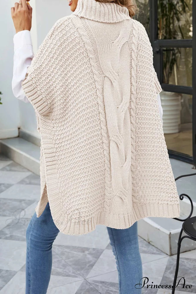 Turtleneck Cable Knit Shawl Sweater Beige / XL